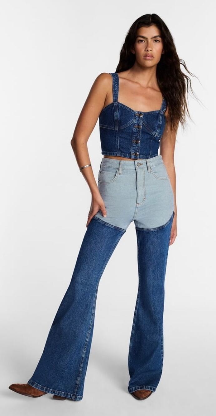 Kacey Lee Womens Long Denim Chaps Jeans higher climb 6 high rise flare denim NWT